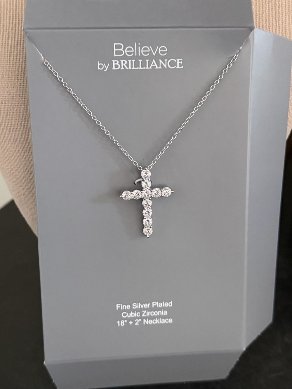 Vintage Silver Plated Cross & White Cubic Zirconia Necklace NWT